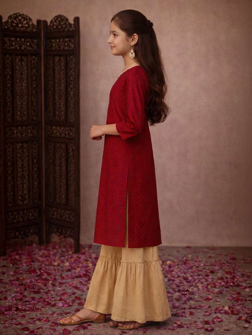 girls maroon cotton straight kurti - 22463283 -  Standard Image - 3