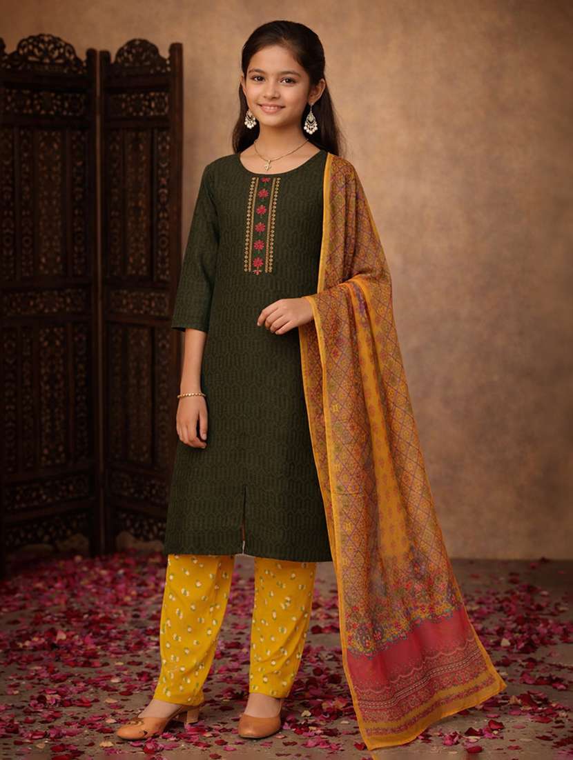 girls green cotton straight kurti