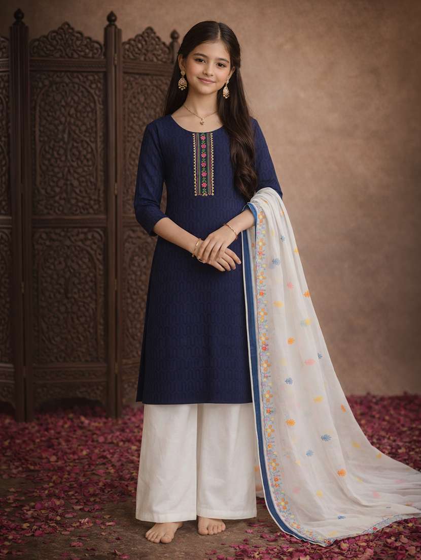 girls navy blue cotton straight kurti