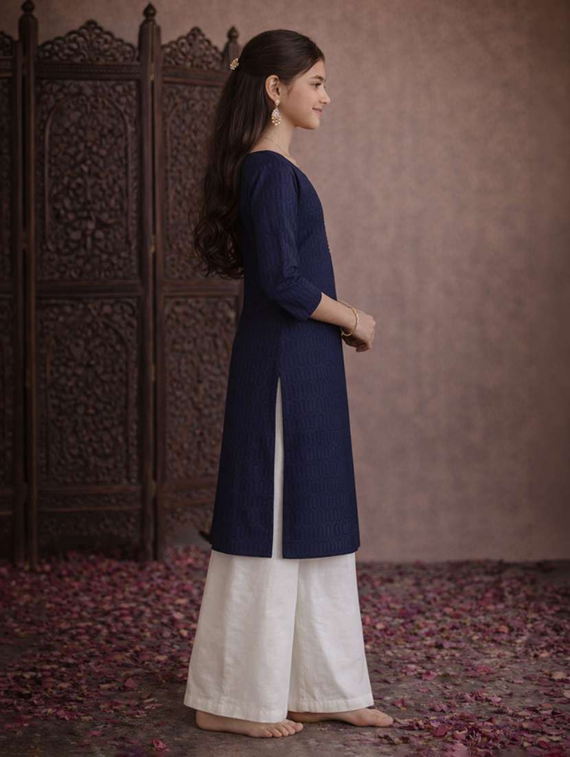 girls navy blue cotton straight kurti - 22463288 -  Standard Image - 3