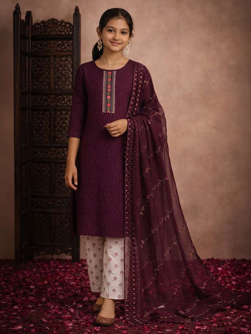 girls purple cotton straight kurti