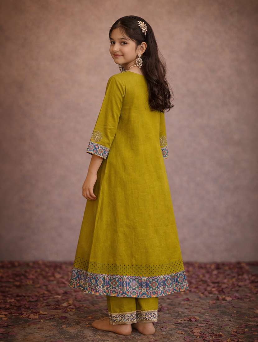 girl floral olive cotton flared kurti - 22463292 -  Standard Image - 3
