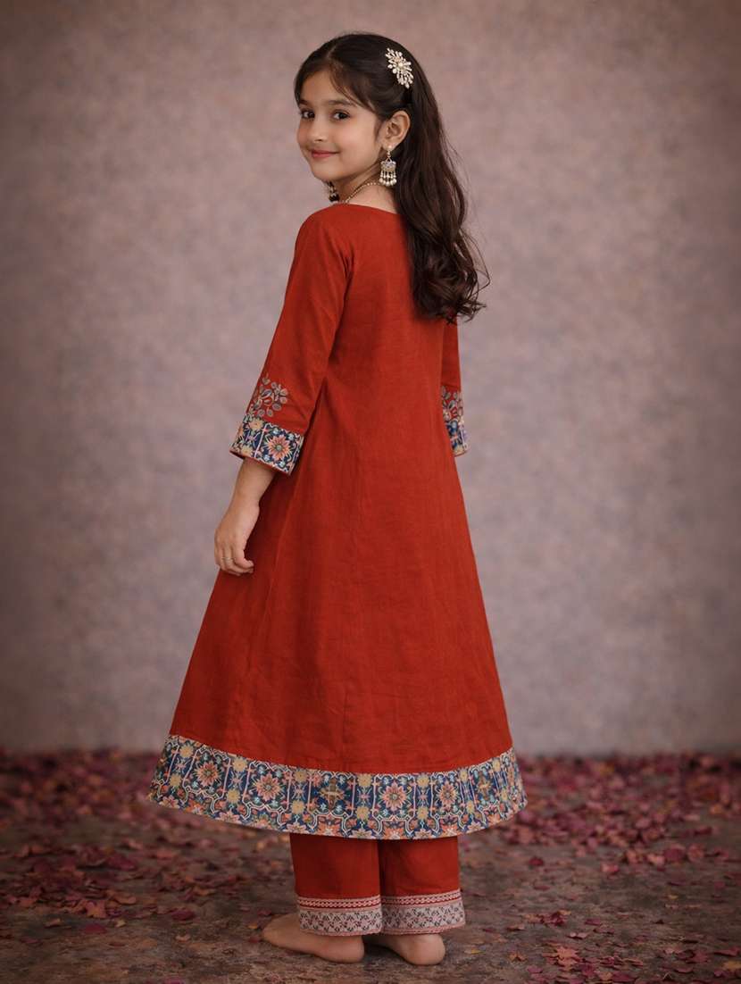 girls rust cotton flared kurti - 22463293 -  Standard Image - 3