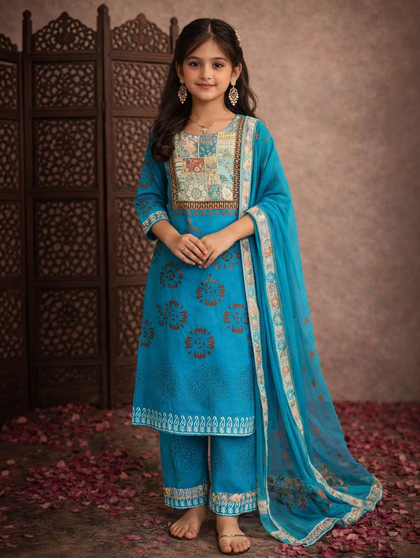 girls turquoise rayon straight kurti