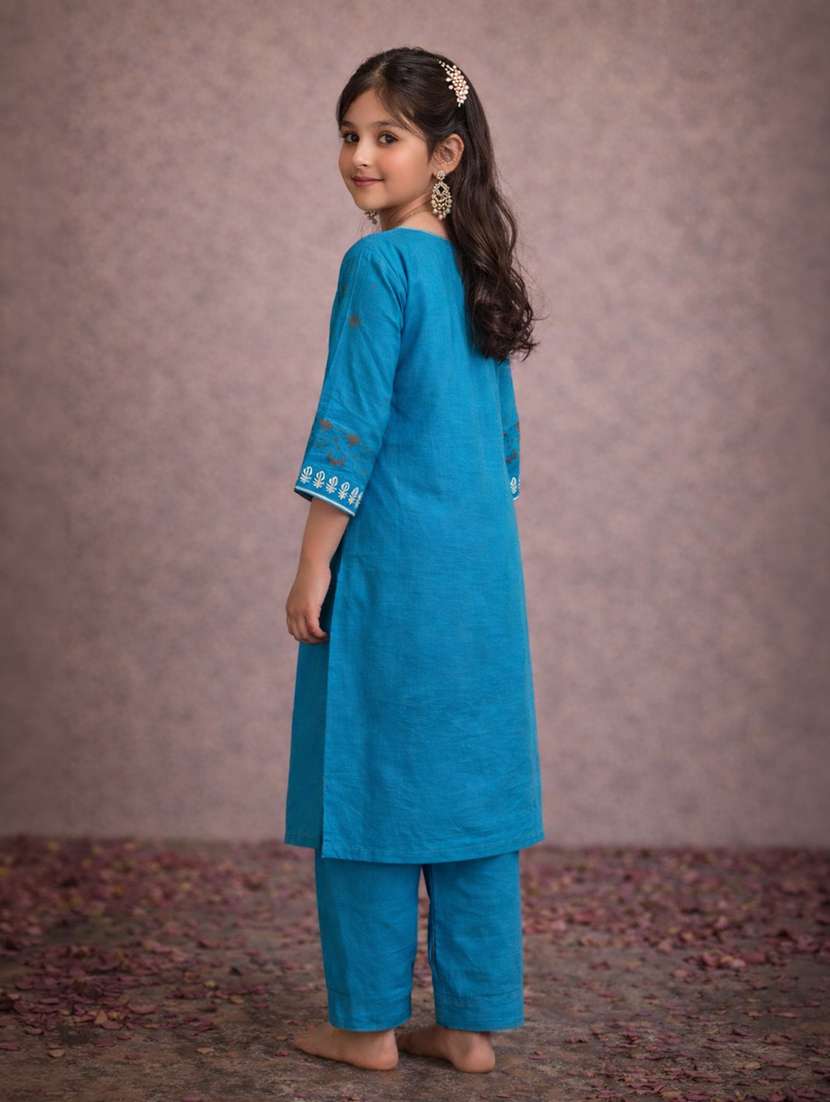 girls turquoise rayon straight kurti - 22463299 -  Standard Image - 3