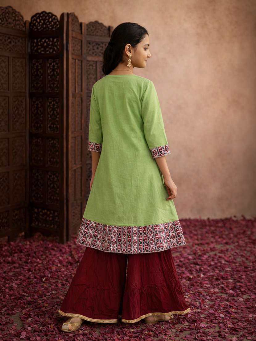 girls sea green cotton flared kurti - 22463301 -  Standard Image - 3