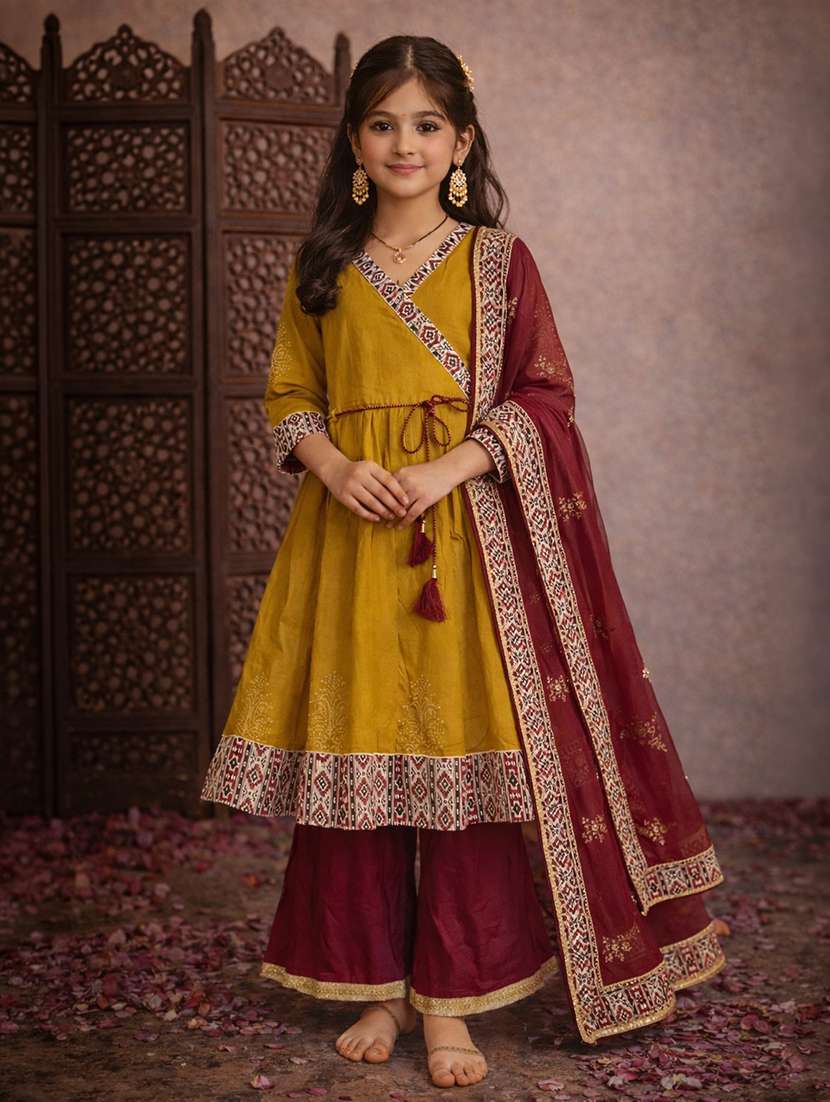 girls mustard cotton flared kurti