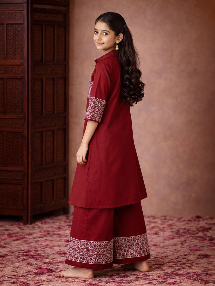 girls maroon cotton a-line kurti - 22463310 -  Standard Image - 3