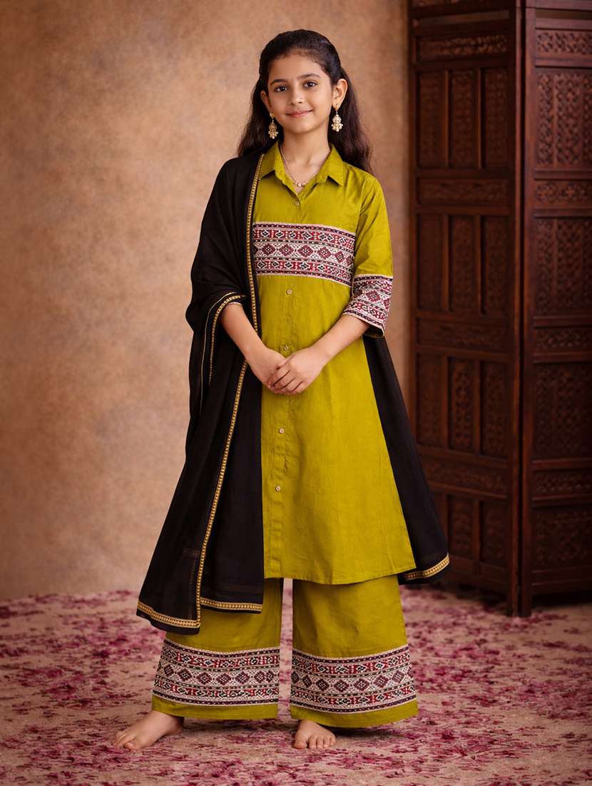 girl olive cotton a-line kurti