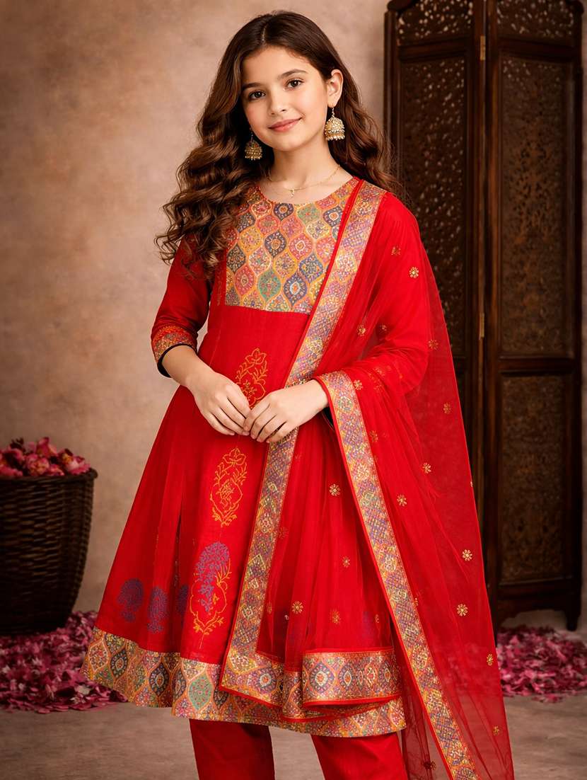 girl red rayon flared kurti