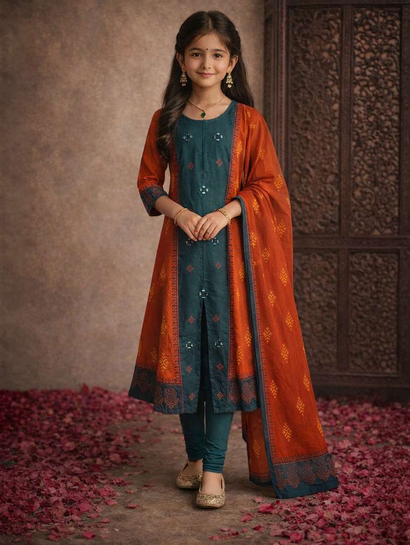 girls rust cotton a-line kurti