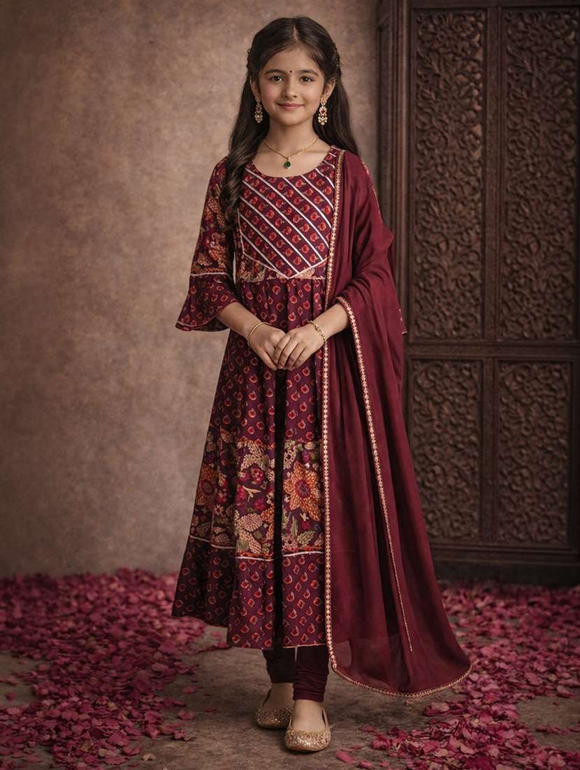 girls purple cotton flared kurti