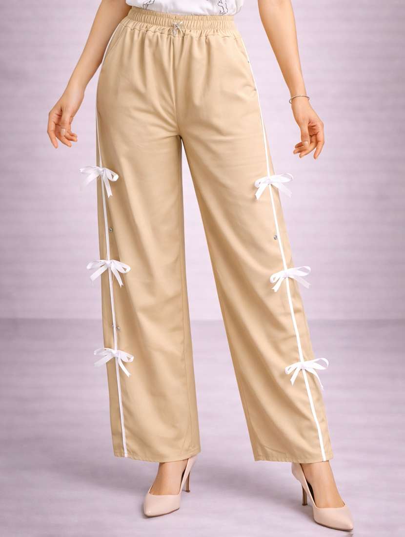 women beige polyester regular track pant