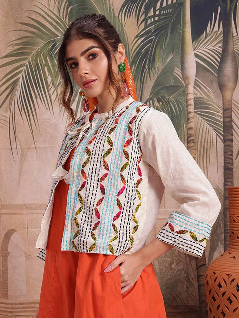self design women cream cotton summer jacket - 22463325 -  Standard Image - 3