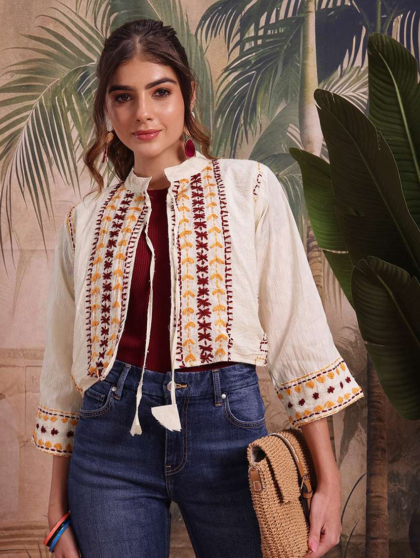  women self design cream cotton summer jacket