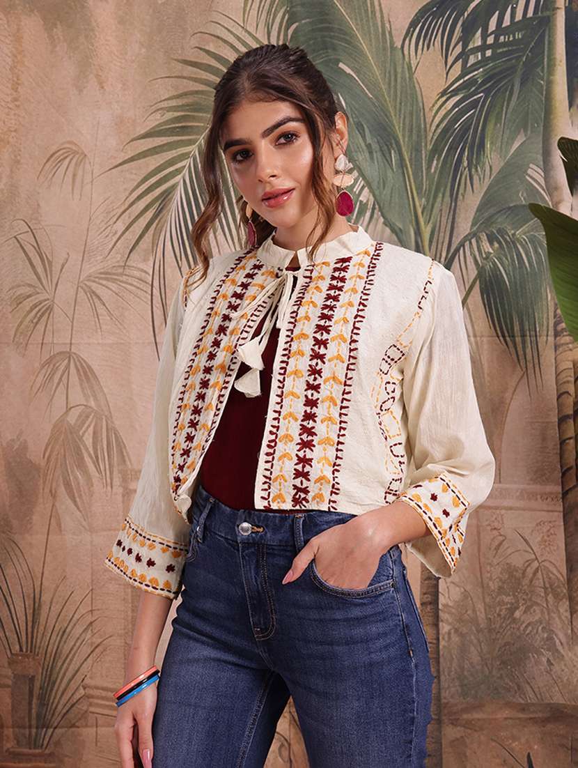  women self design cream cotton summer jacket - 22463326 -  Standard Image - 3