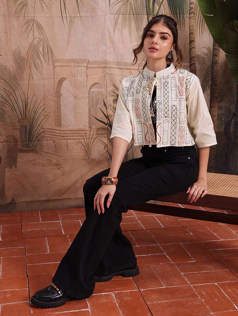 women self design cream cotton summer jacket - 22463327 -  Standard Image - 5