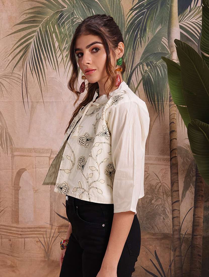 women self design cream cotton summer jacket - 22463329 -  Standard Image - 3