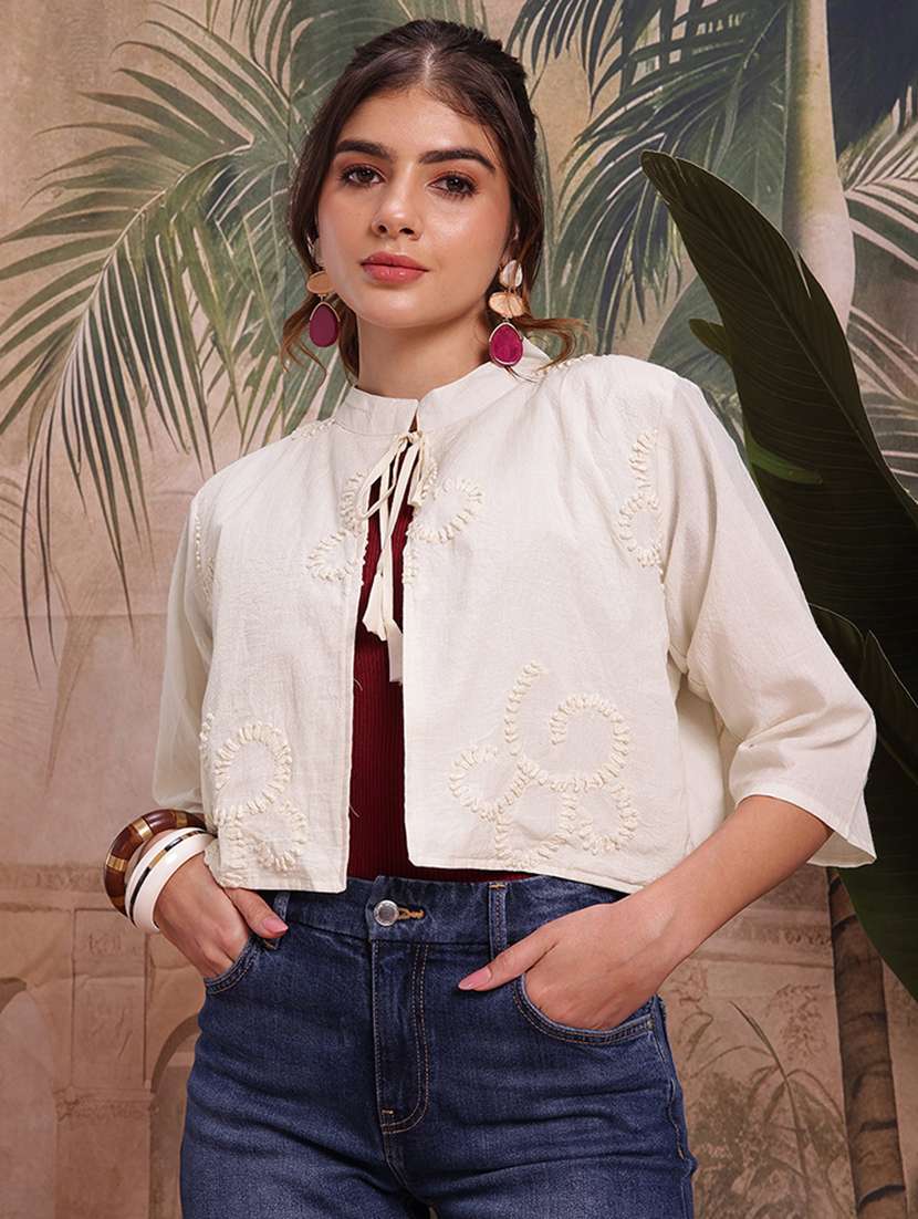 women self design cream cotton summer jacket
