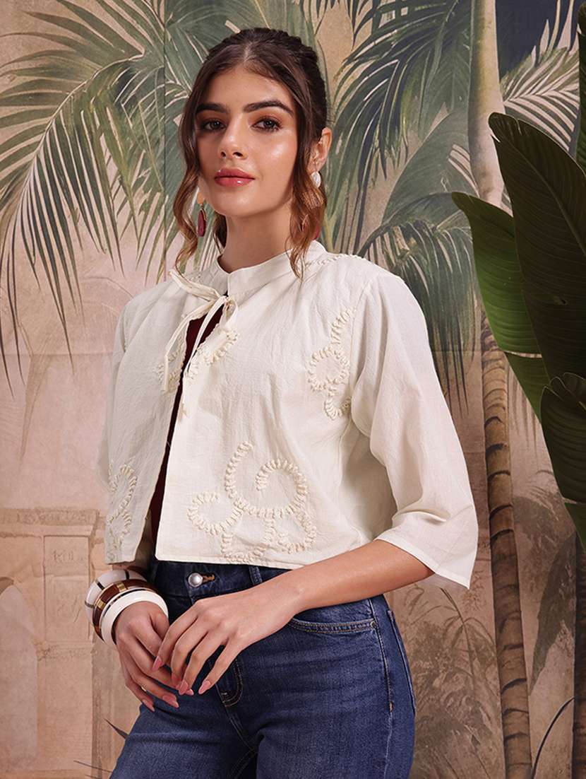 women self design cream cotton summer jacket - 22463330 -  Standard Image - 3