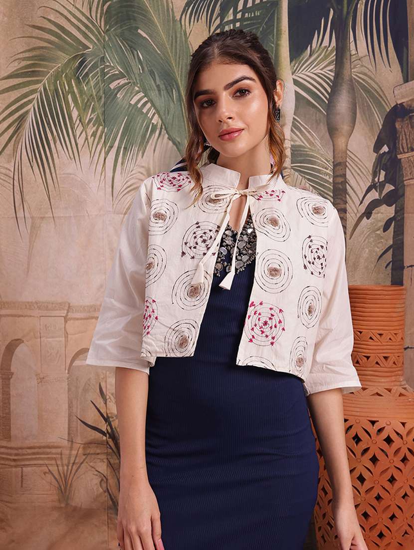 women self design cream cotton summer jacket