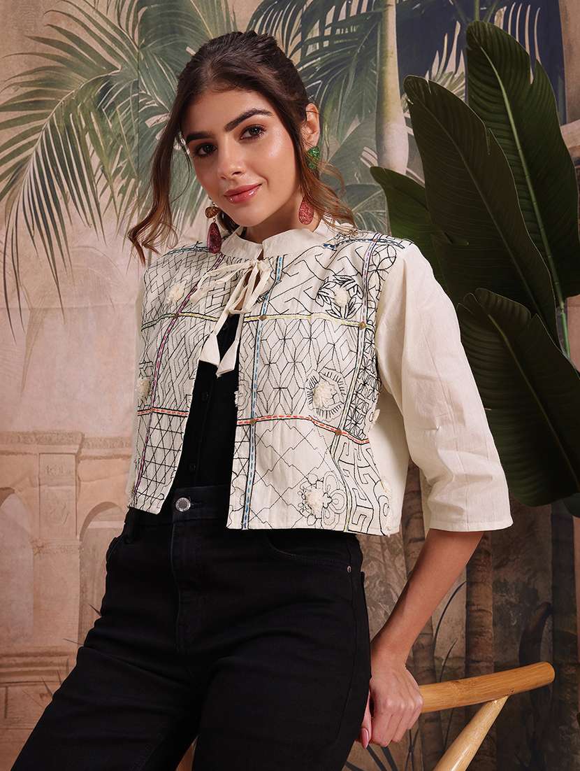 women self design cream cotton summer jacket