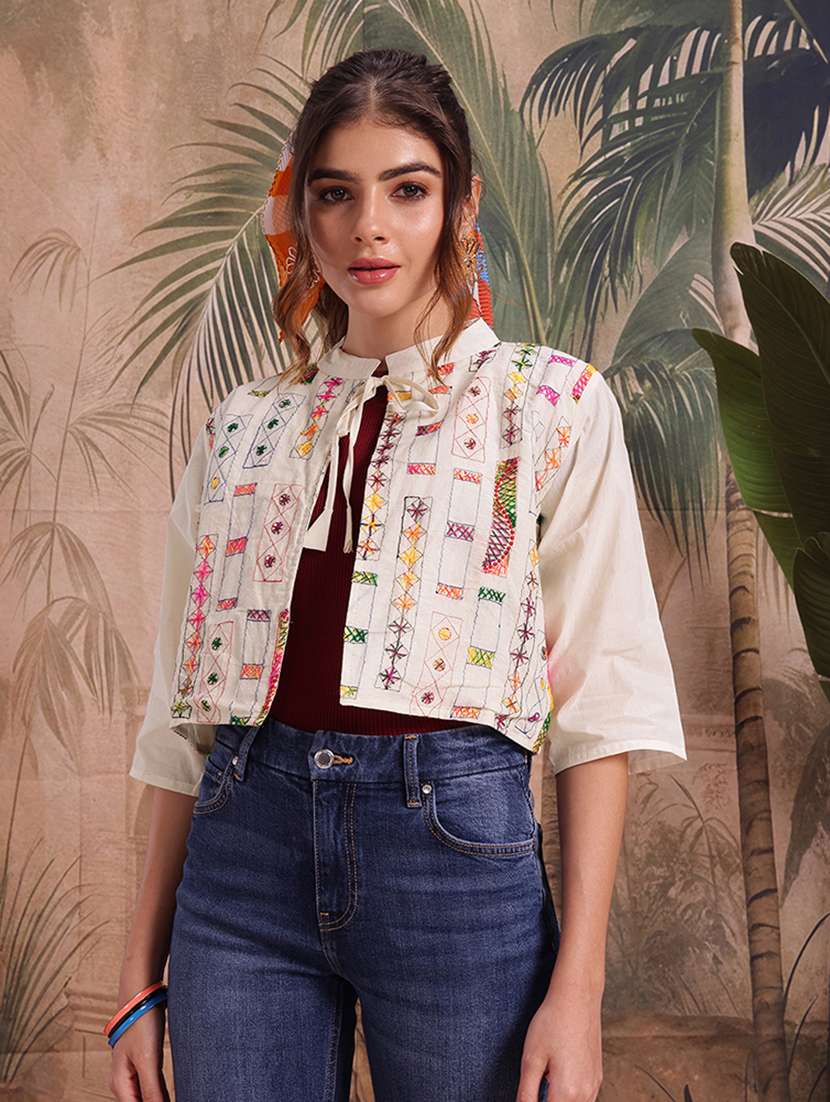 women self design cream cotton summer jacket