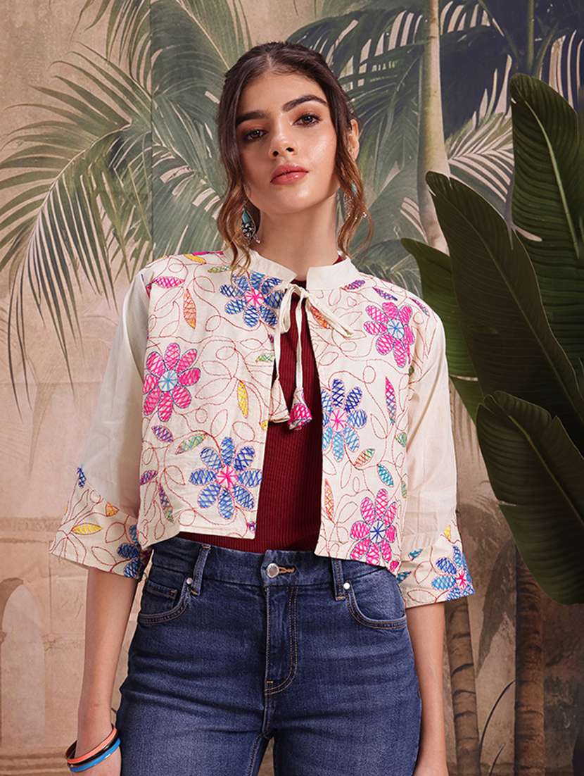 women self design cream cotton summer jacket