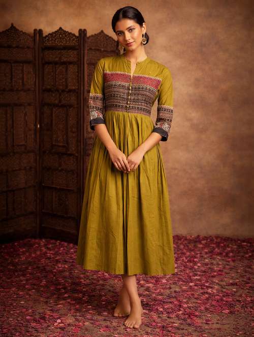 Women Mustard Cotton Fit & Flare Dress