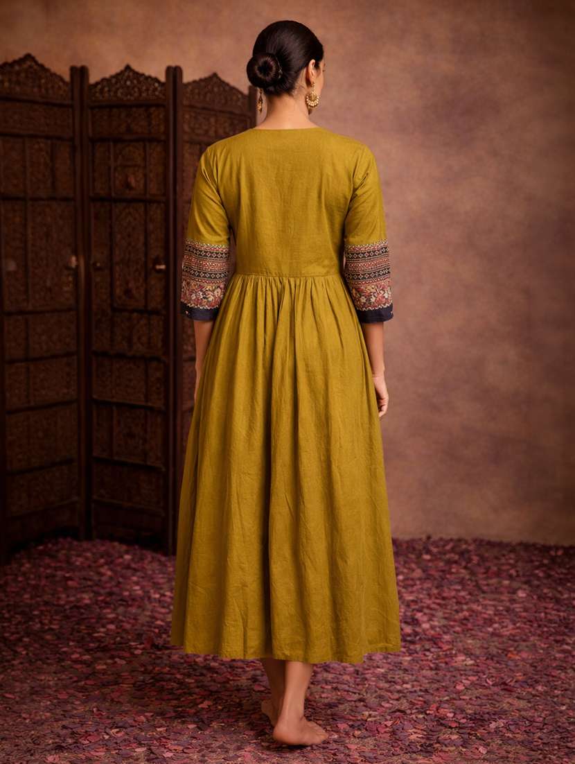 women mustard cotton fit & flare dress - 22463335 -  Standard Image - 3