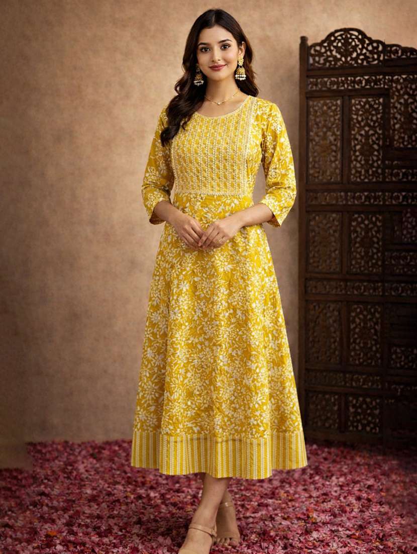 women yellow cotton fit & flare dress