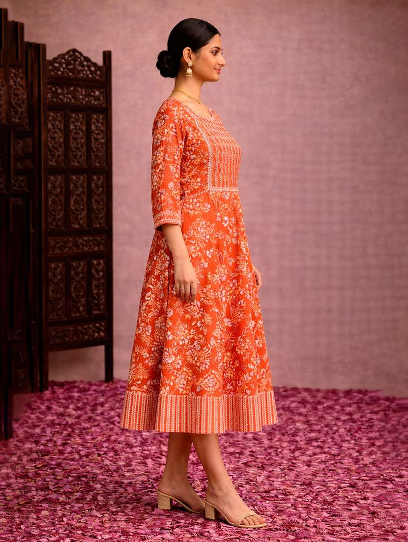 women orange cotton fit & flare dress - 22463339 -  Standard Image - 3