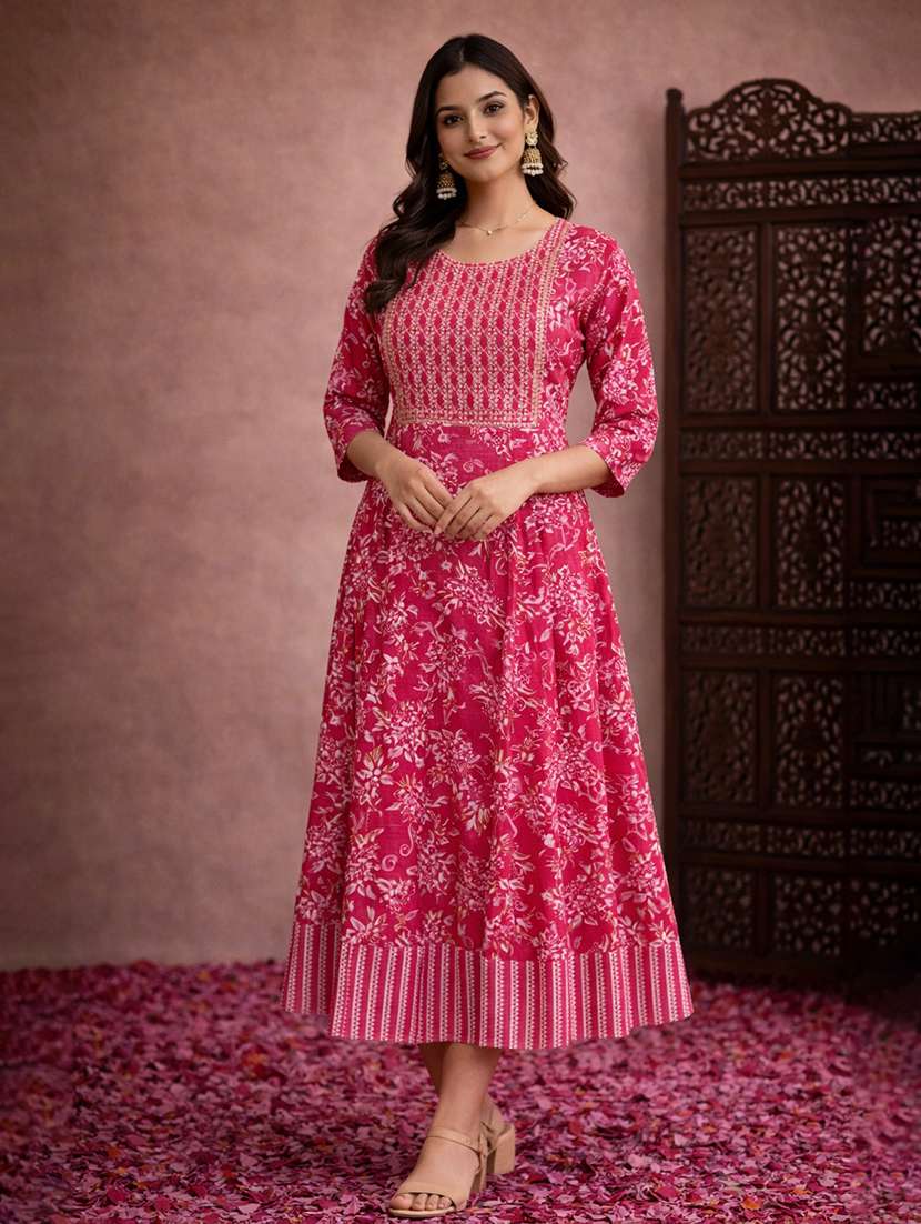 women pink cotton fit & flare dress