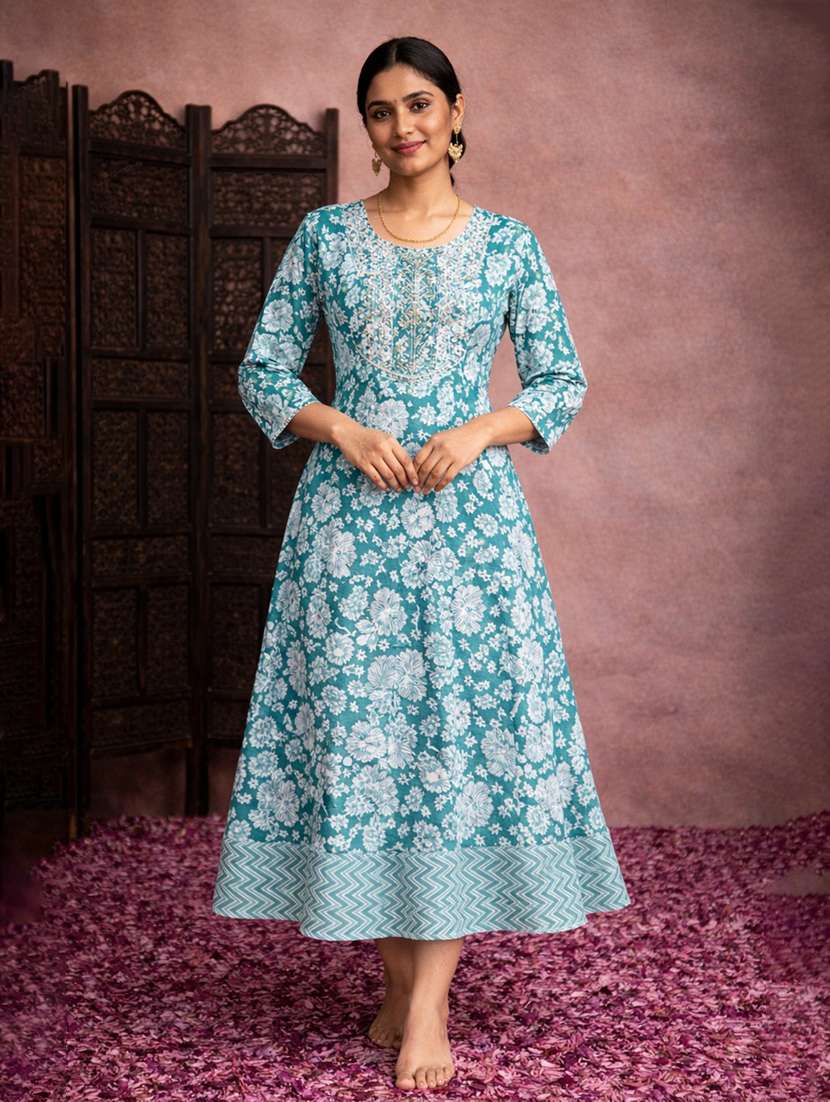 women sea green cotton fit & flare dress