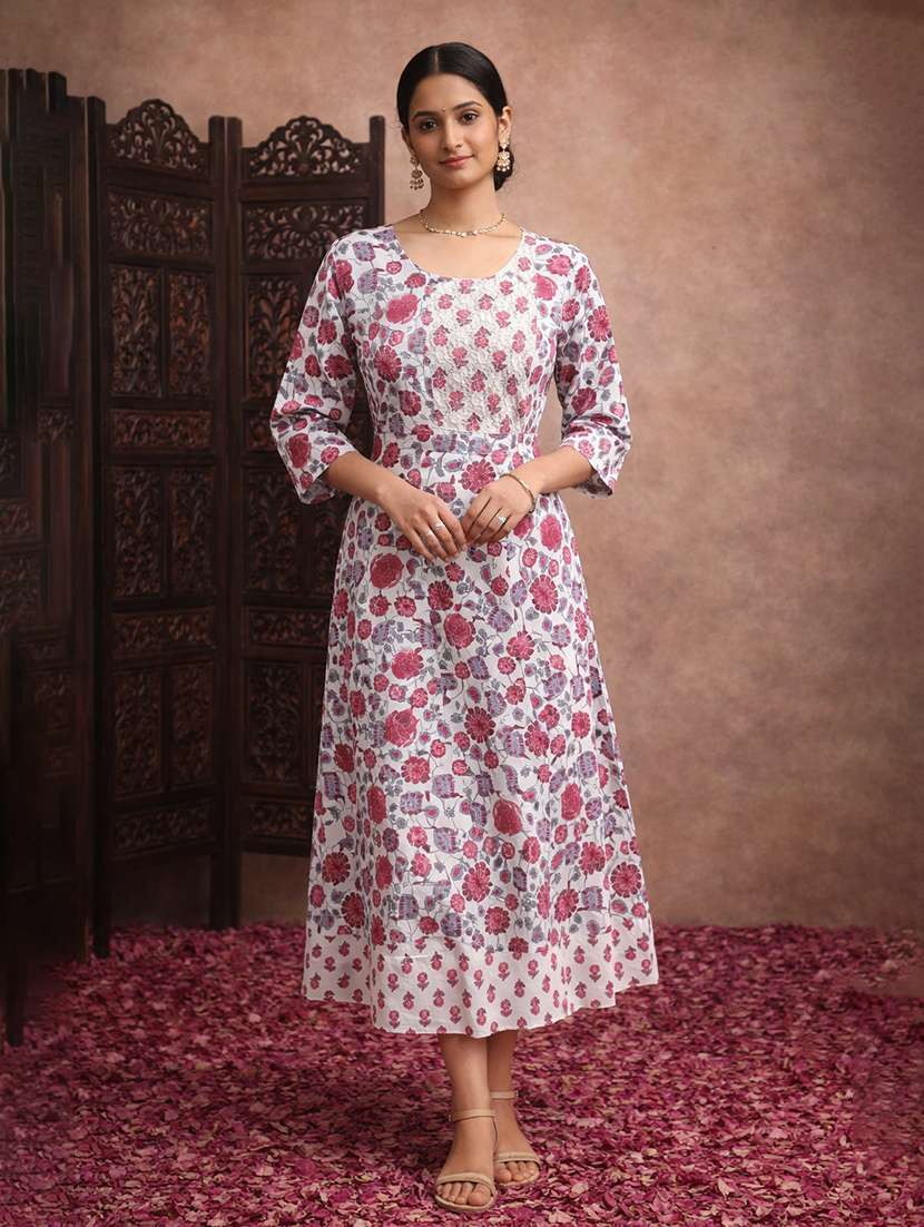 women floral cotton fit & flare midi dress