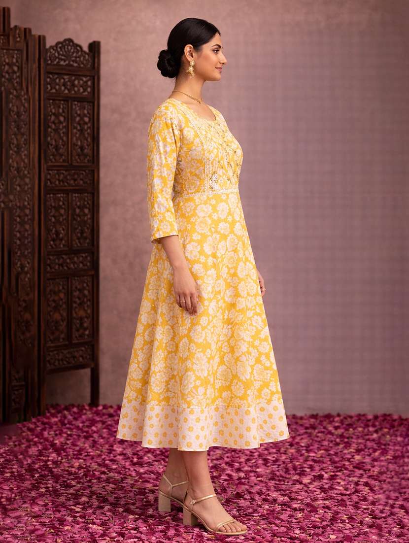 women yellow cotton fit & flare dress - 22463345 -  Standard Image - 3