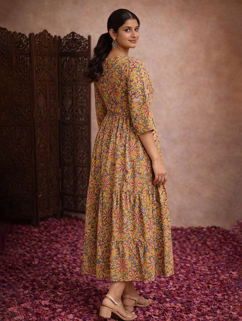 women mustard cotton fit & flare dress - 22463347 -  Standard Image - 3