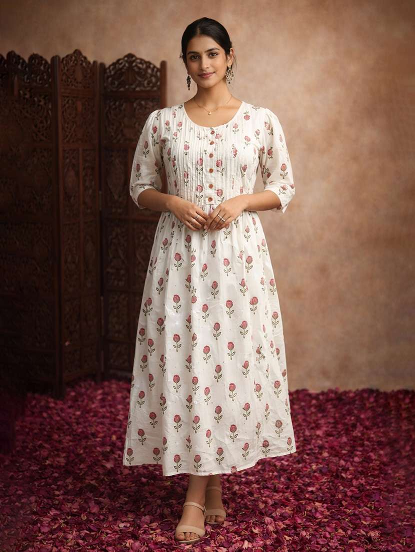 women cream cotton fit & flare dress