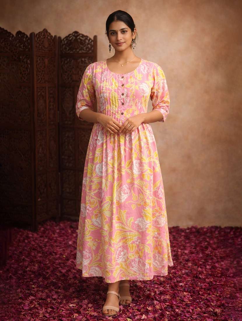 women pink cotton fit & flare dress