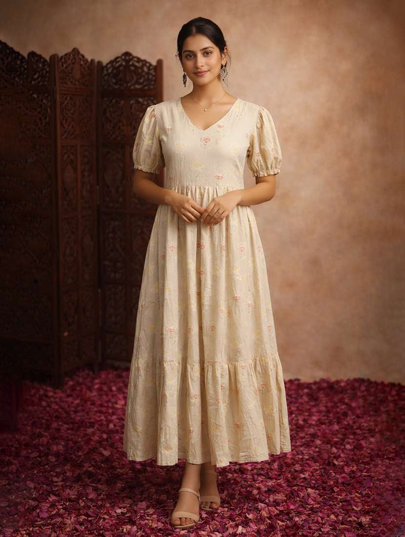 women beige cotton fit & flare dress