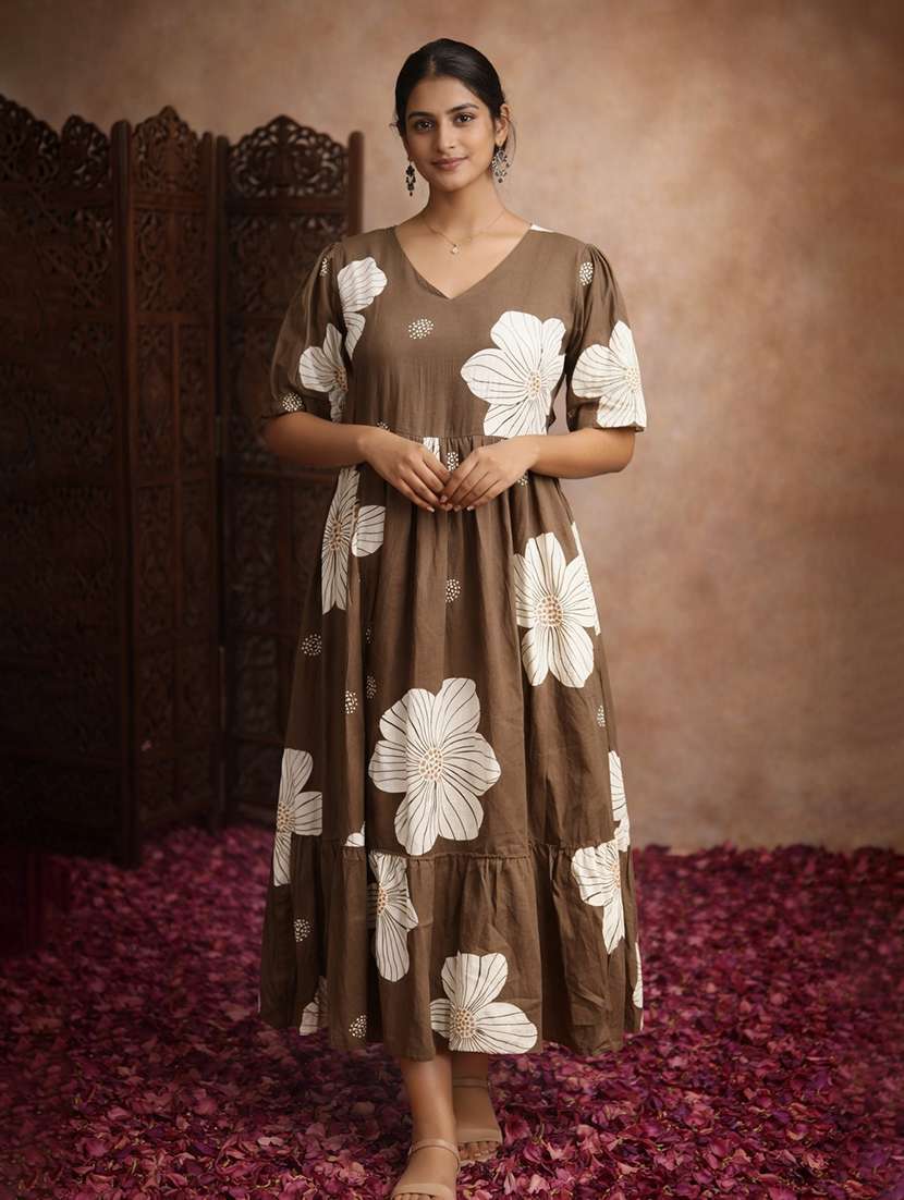 women brown cotton fit & flare dress
