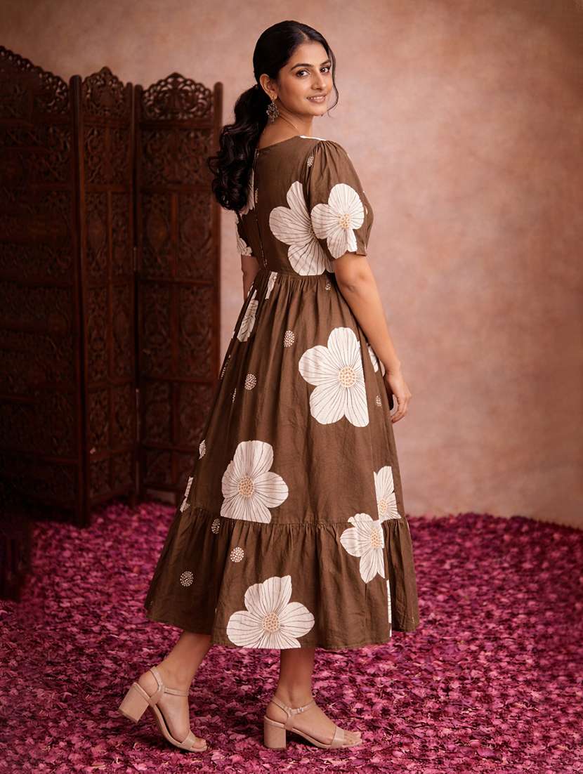 women brown cotton fit & flare dress - 22463353 -  Standard Image - 3