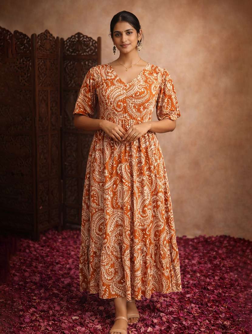 women orange cotton fit & flare dress