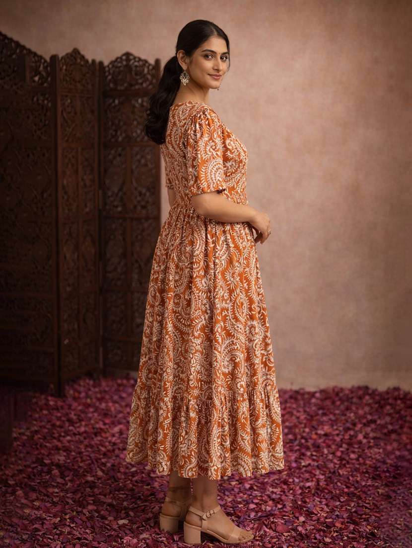 women orange cotton fit & flare dress - 22463355 -  Standard Image - 3