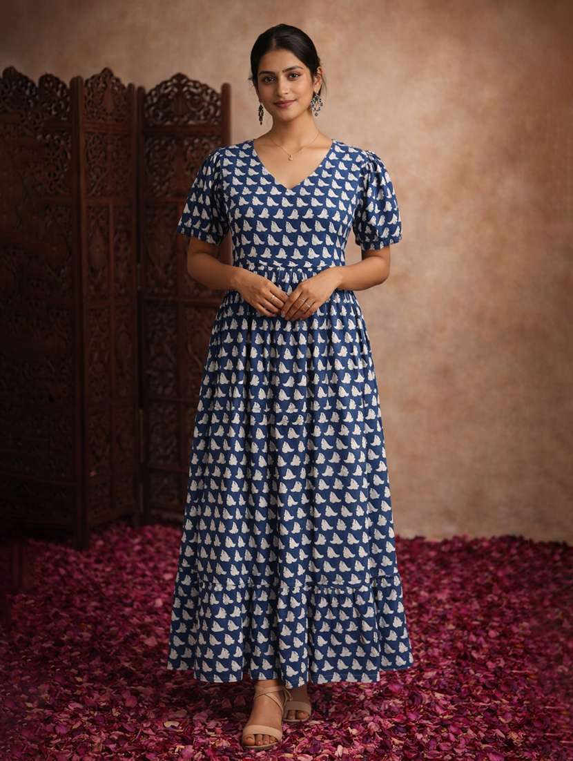 women navy blue cotton fit & flare dress