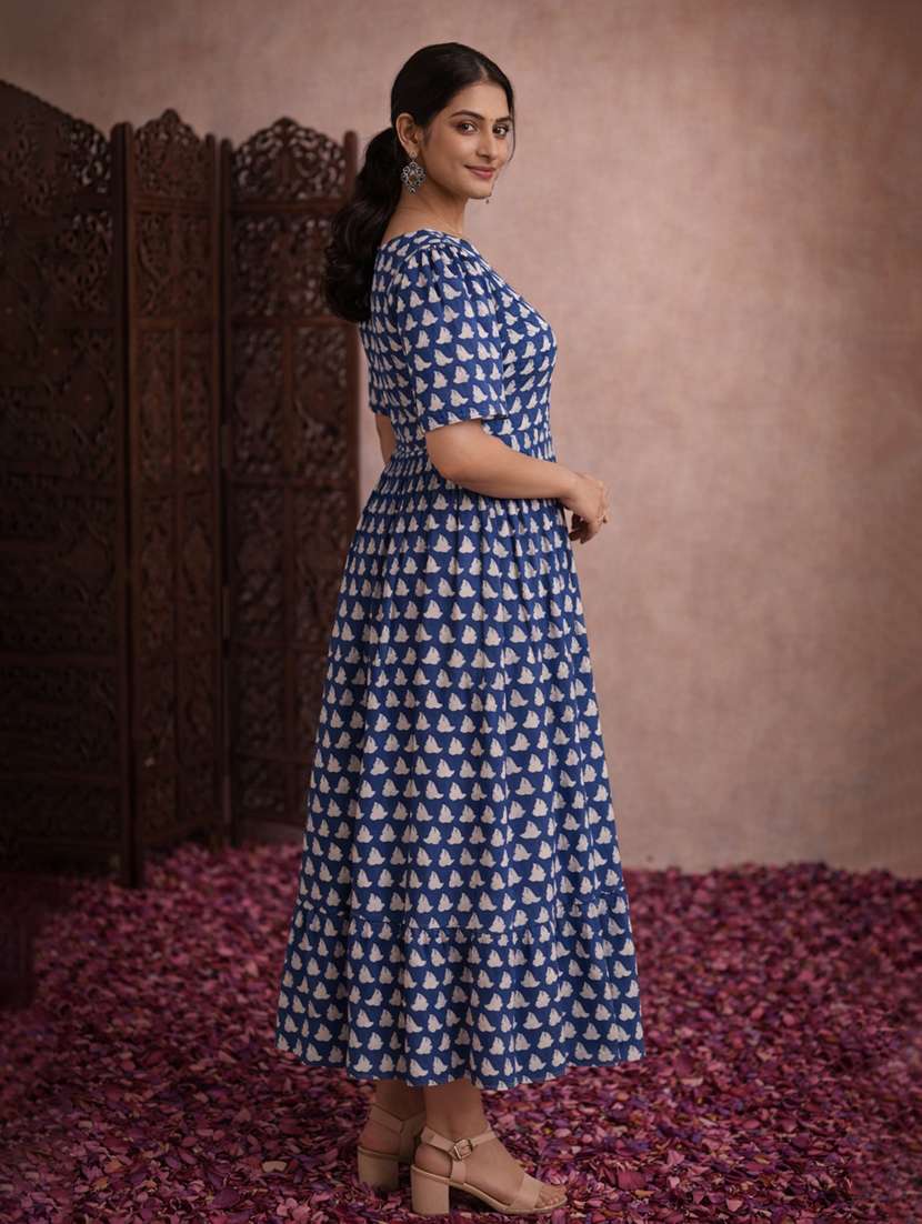 women navy blue cotton fit & flare dress - 22463358 -  Standard Image - 3