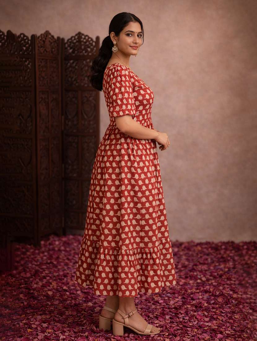 women orange cotton fit & flare dress - 22463359 -  Standard Image - 3