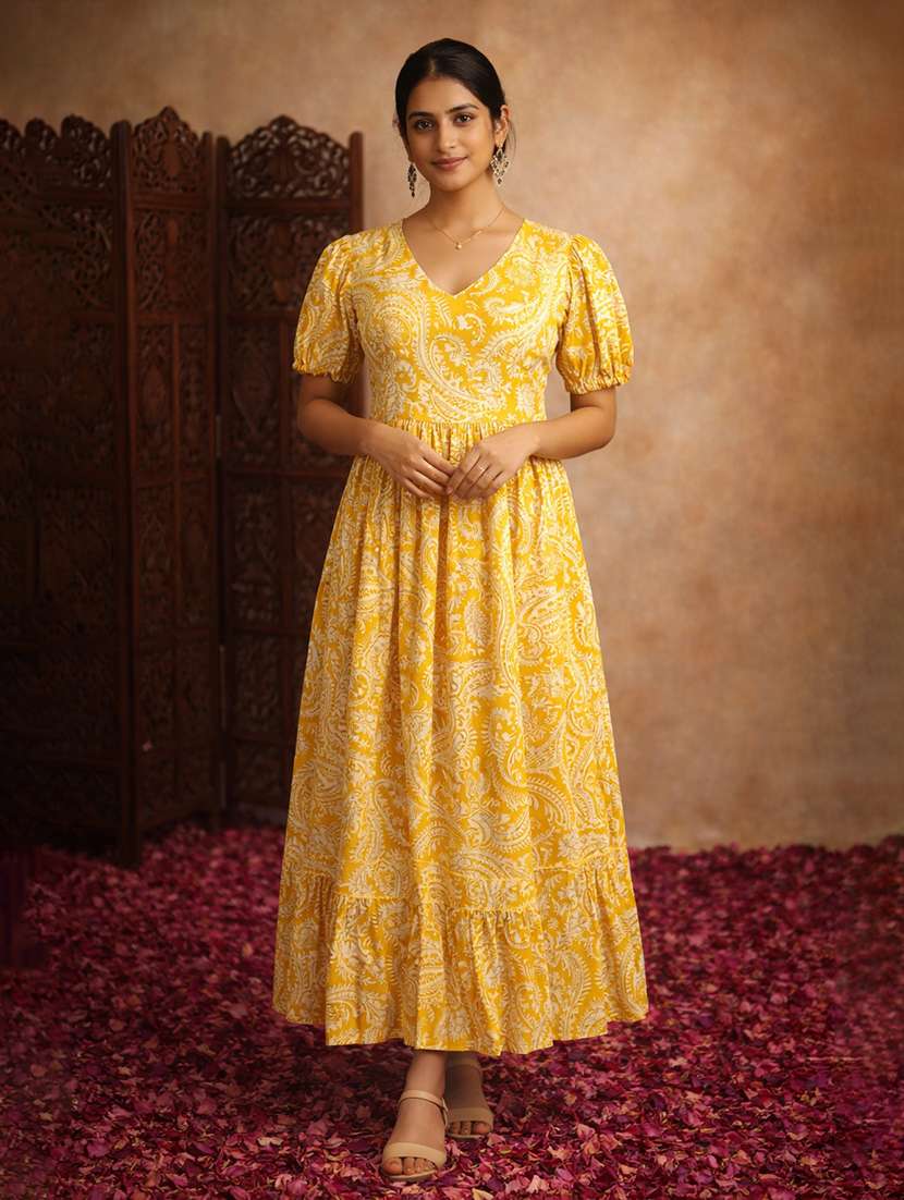 women yellow cotton fit & flare dress