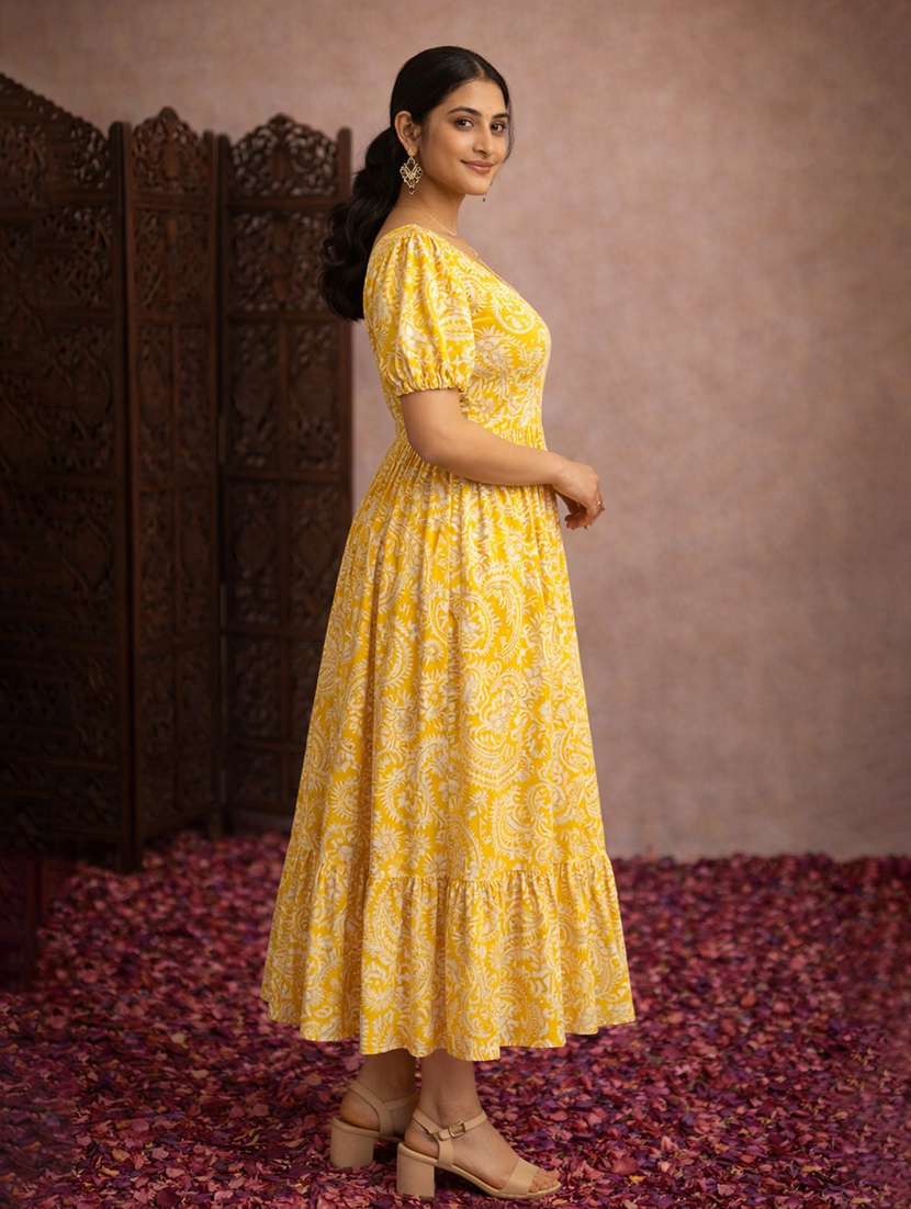 women yellow cotton fit & flare dress - 22463360 -  Standard Image - 3