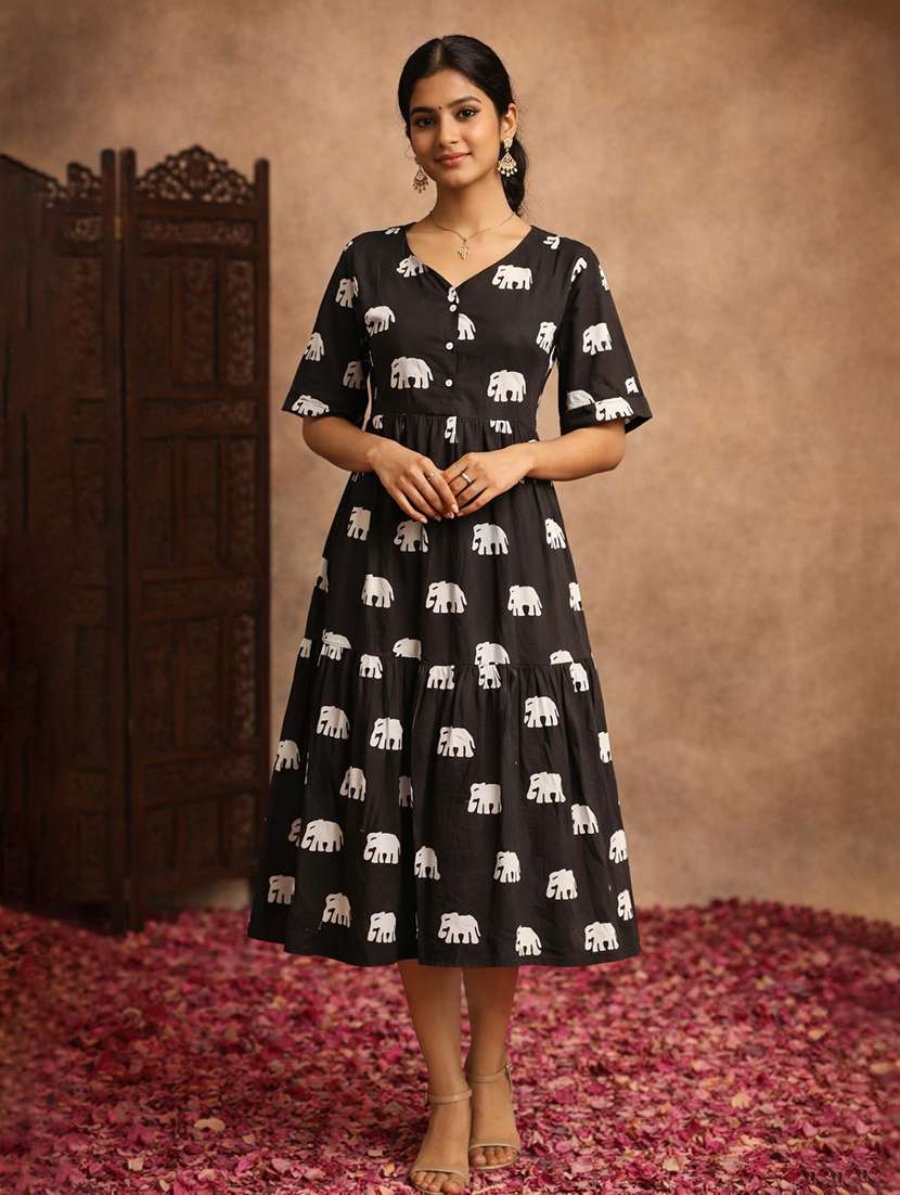 printed tiered cotton fit & flare dress
